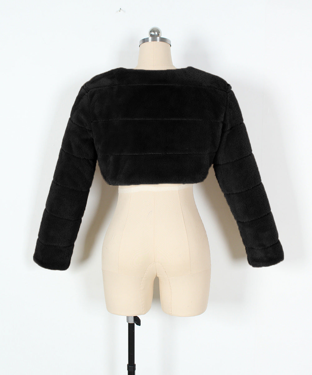 Super Cropped Panelled Faux Fur Coat - Black - 1