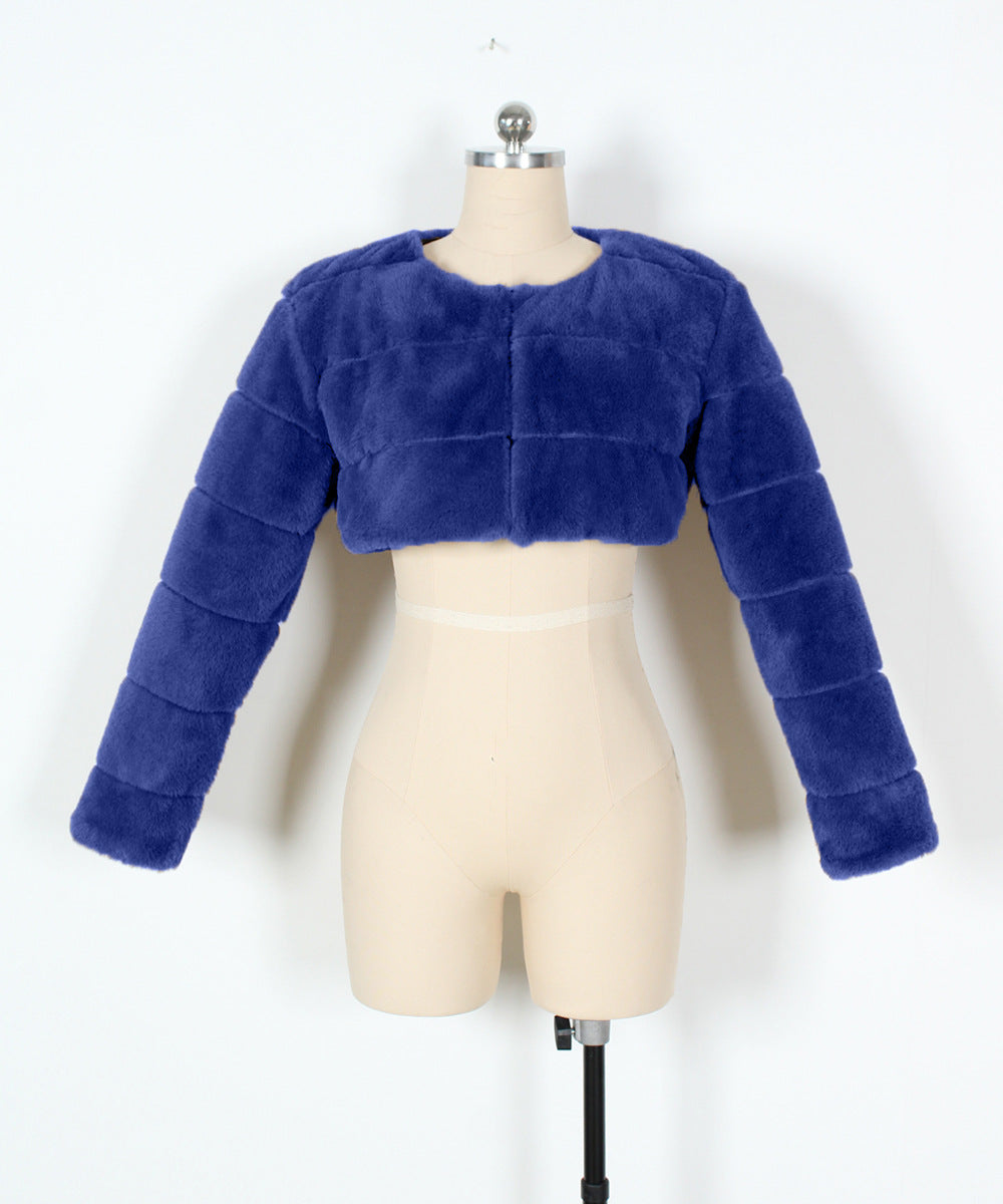 Super Cropped Panelled Faux Fur Coat - Blue - 1