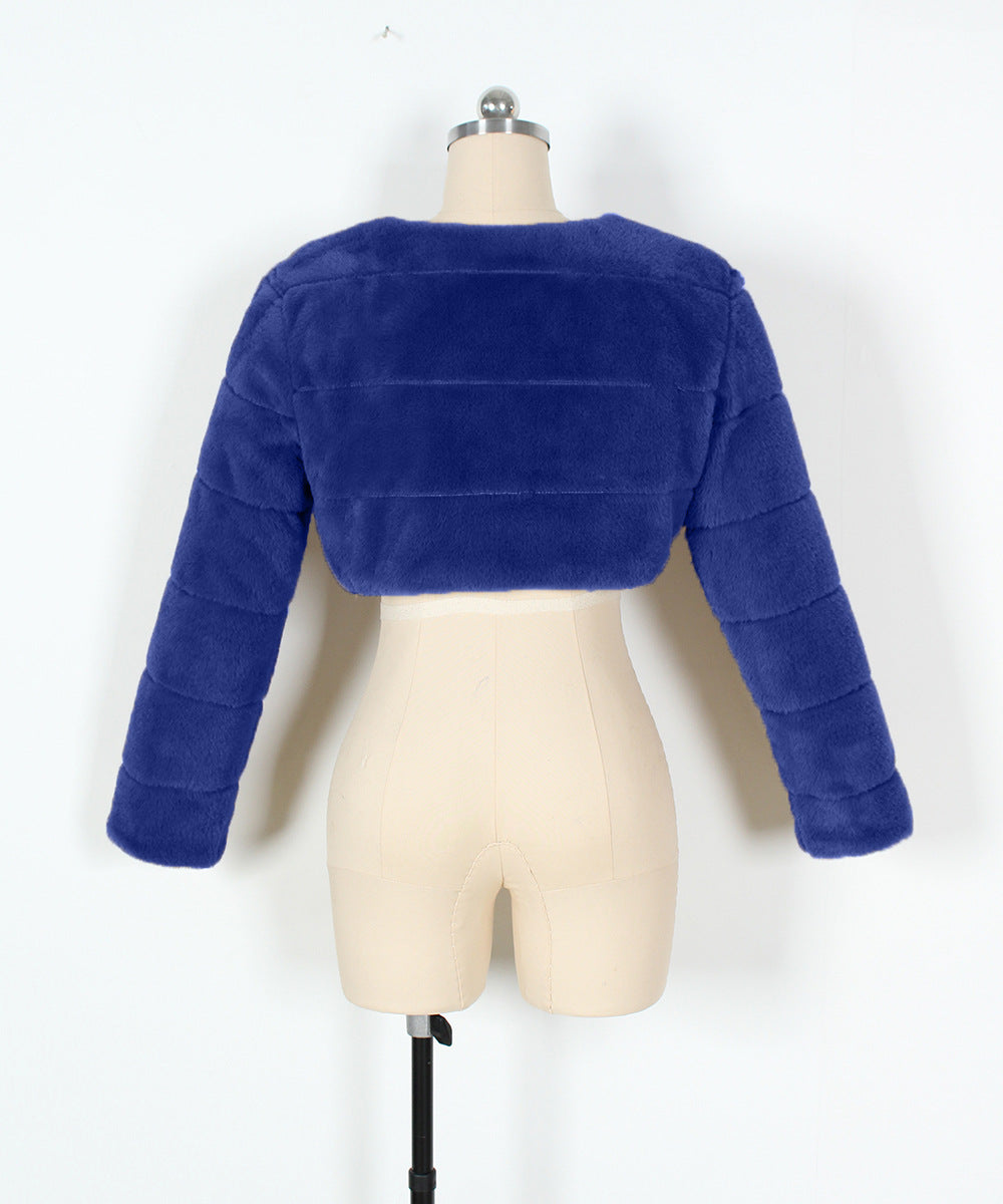 Super Cropped Panelled Faux Fur Coat - Blue - 2