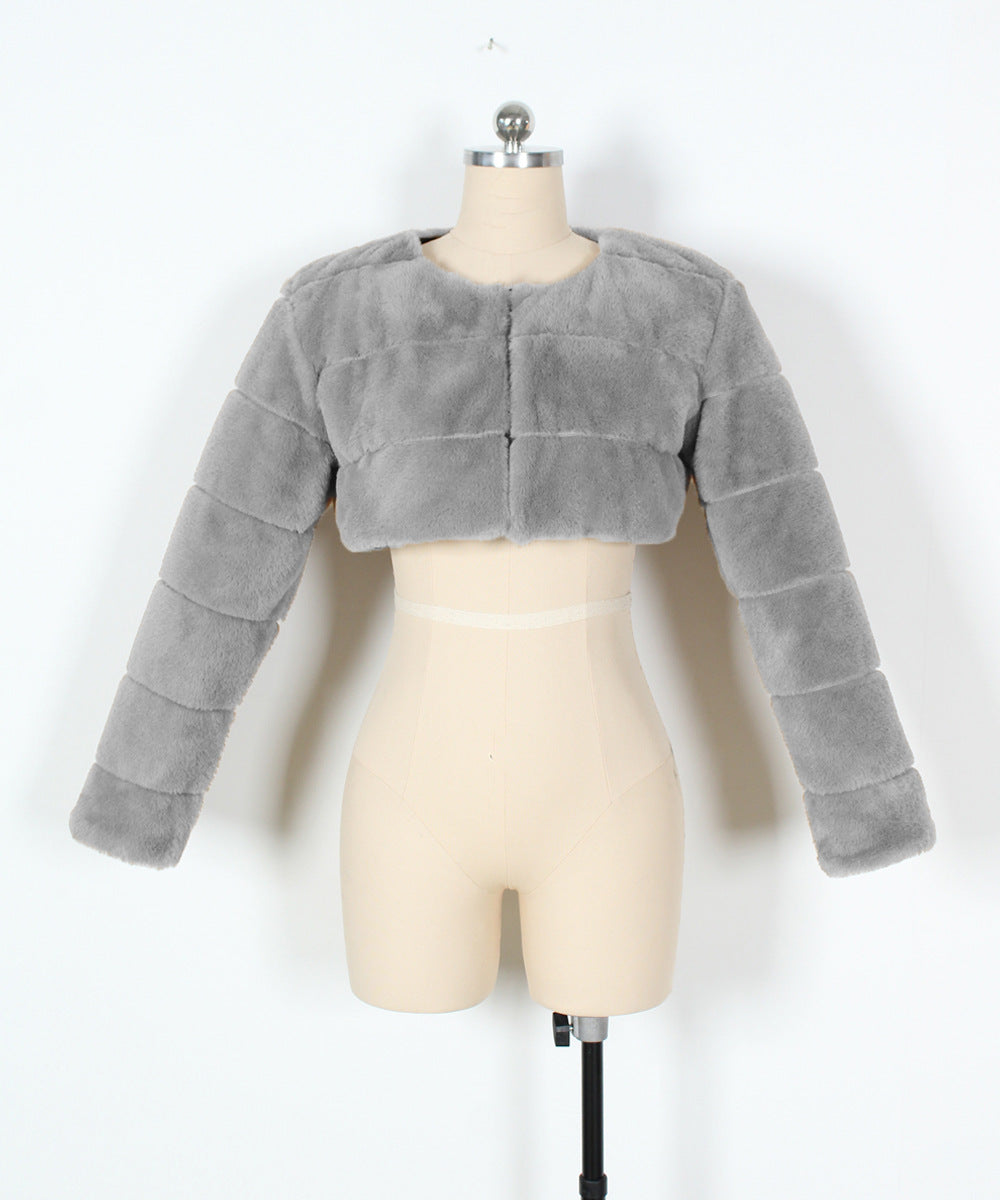 Super Cropped Panelled Faux Fur Coat - Grey