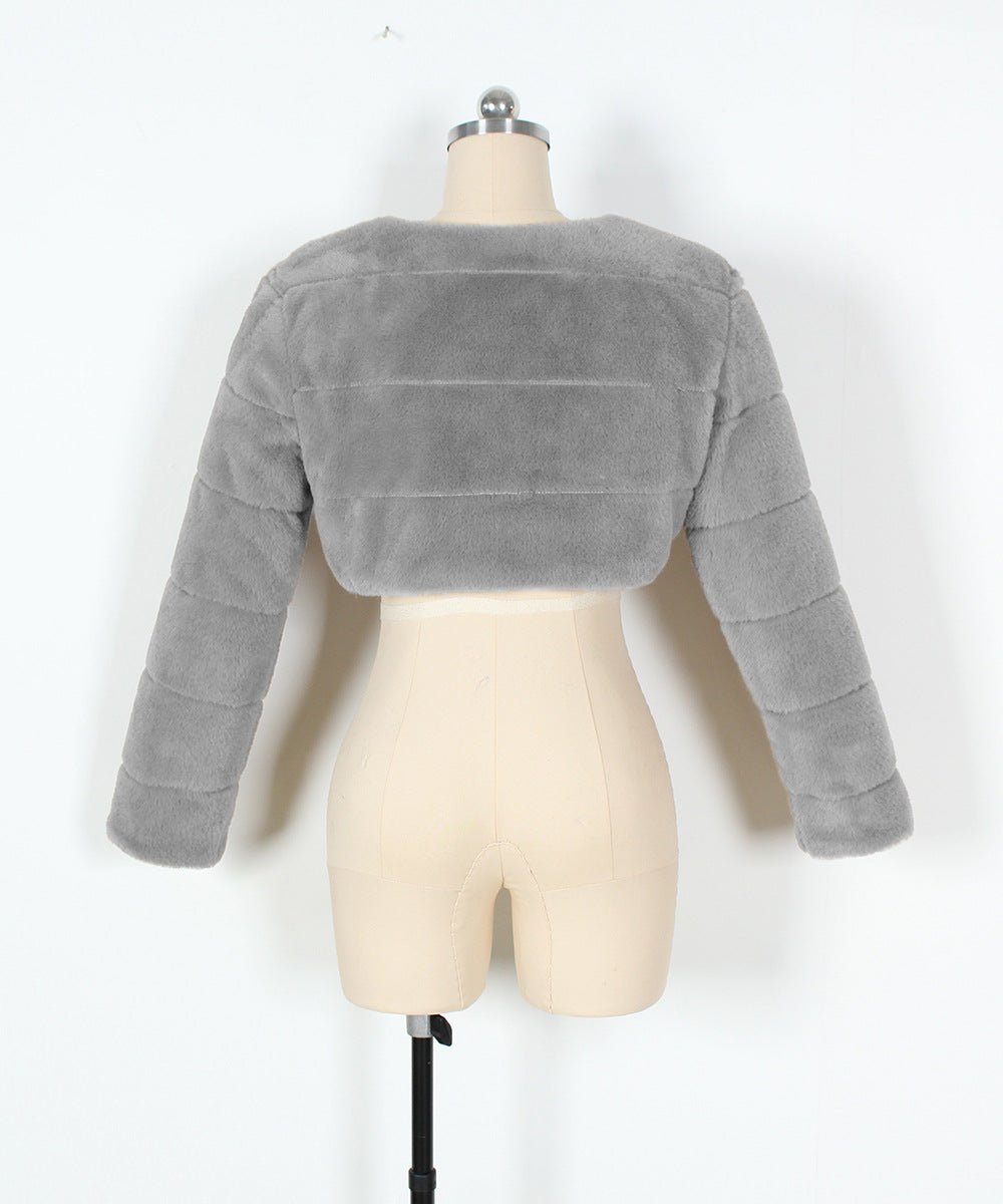 Super Cropped Panelled Faux Fur Coat - Grey - 1
