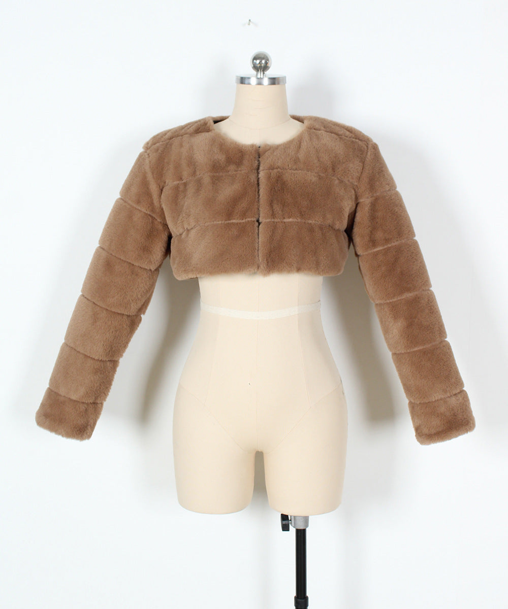 Super Cropped Panelled Faux Fur Coat - Khaki