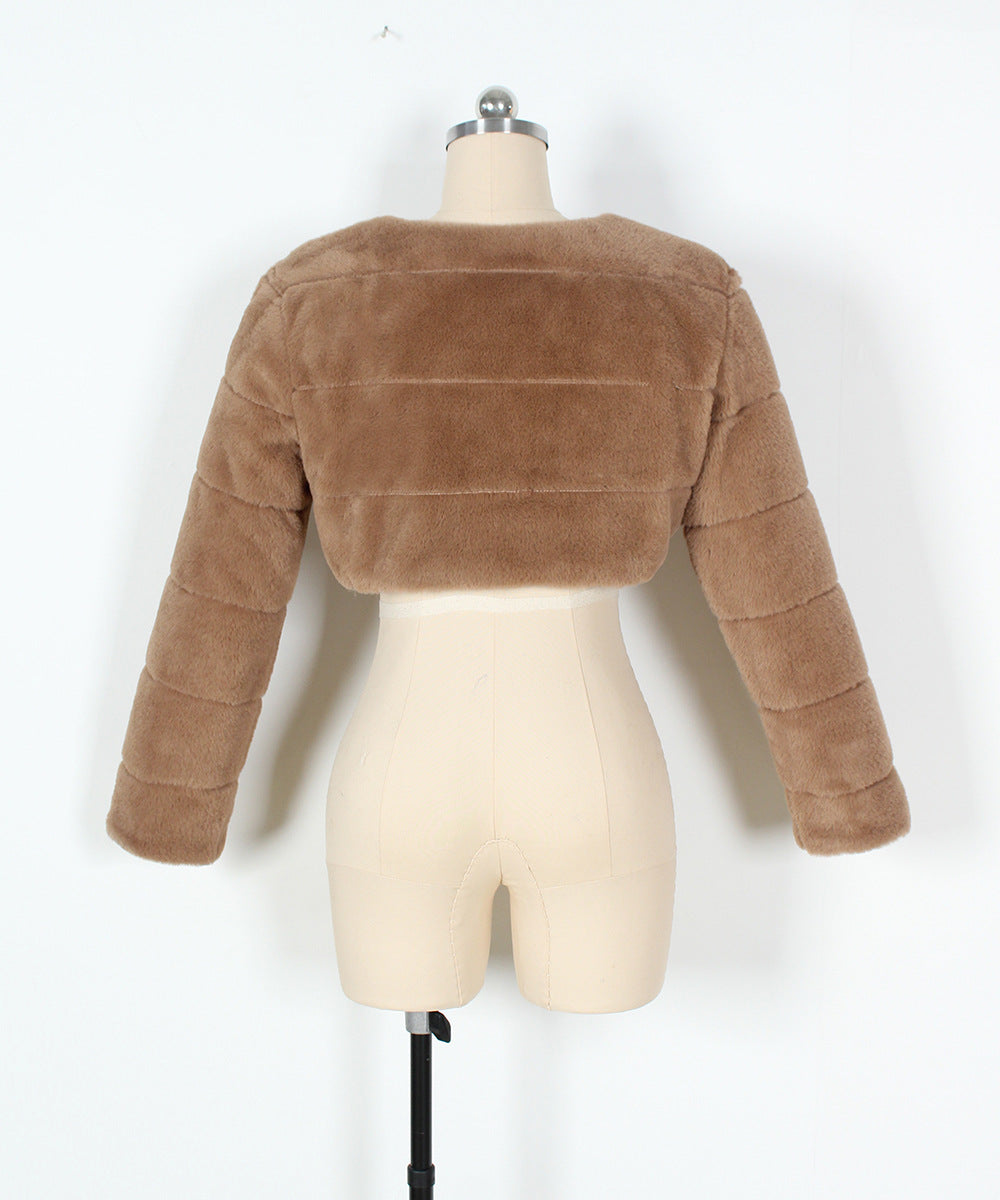 Super Cropped Panelled Faux Fur Coat - Khaki - 1