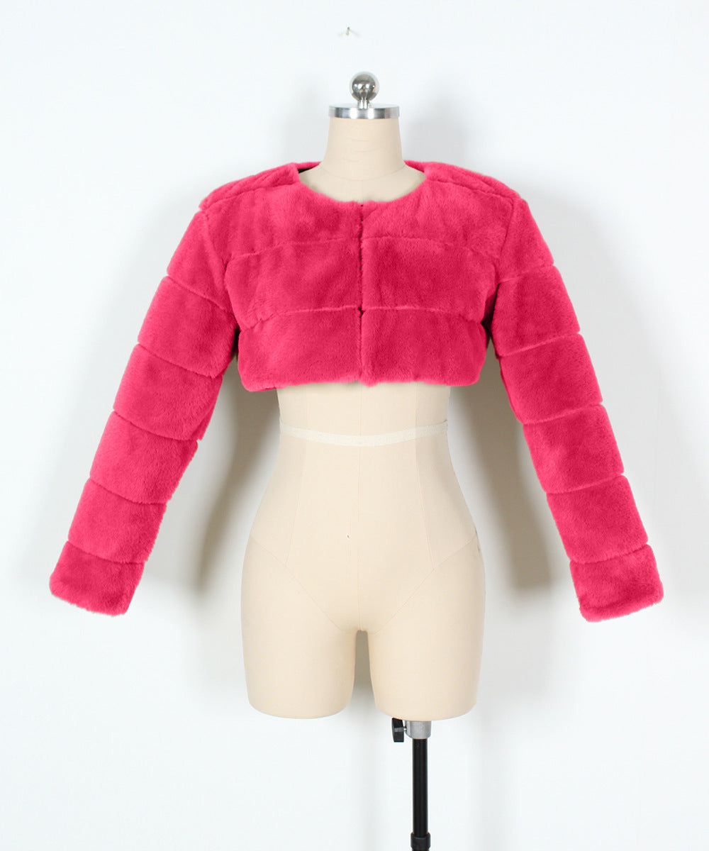 Super Cropped Panelled Faux Fur Coat - Rosered