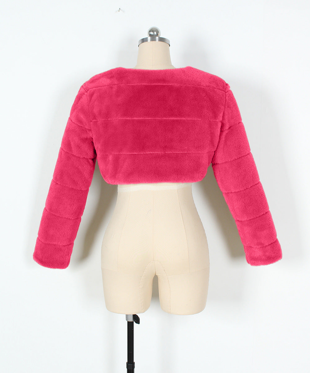 Super Cropped Panelled Faux Fur Coat - Rosered - 1