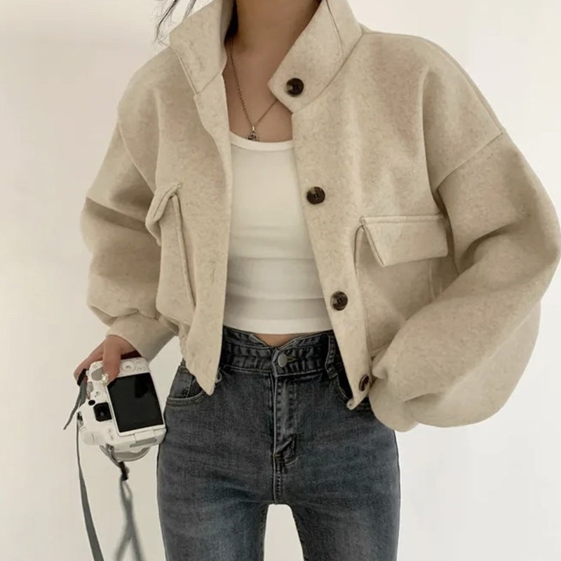Cropped Stand Collar Jacket With Flap Pockets - Apricot