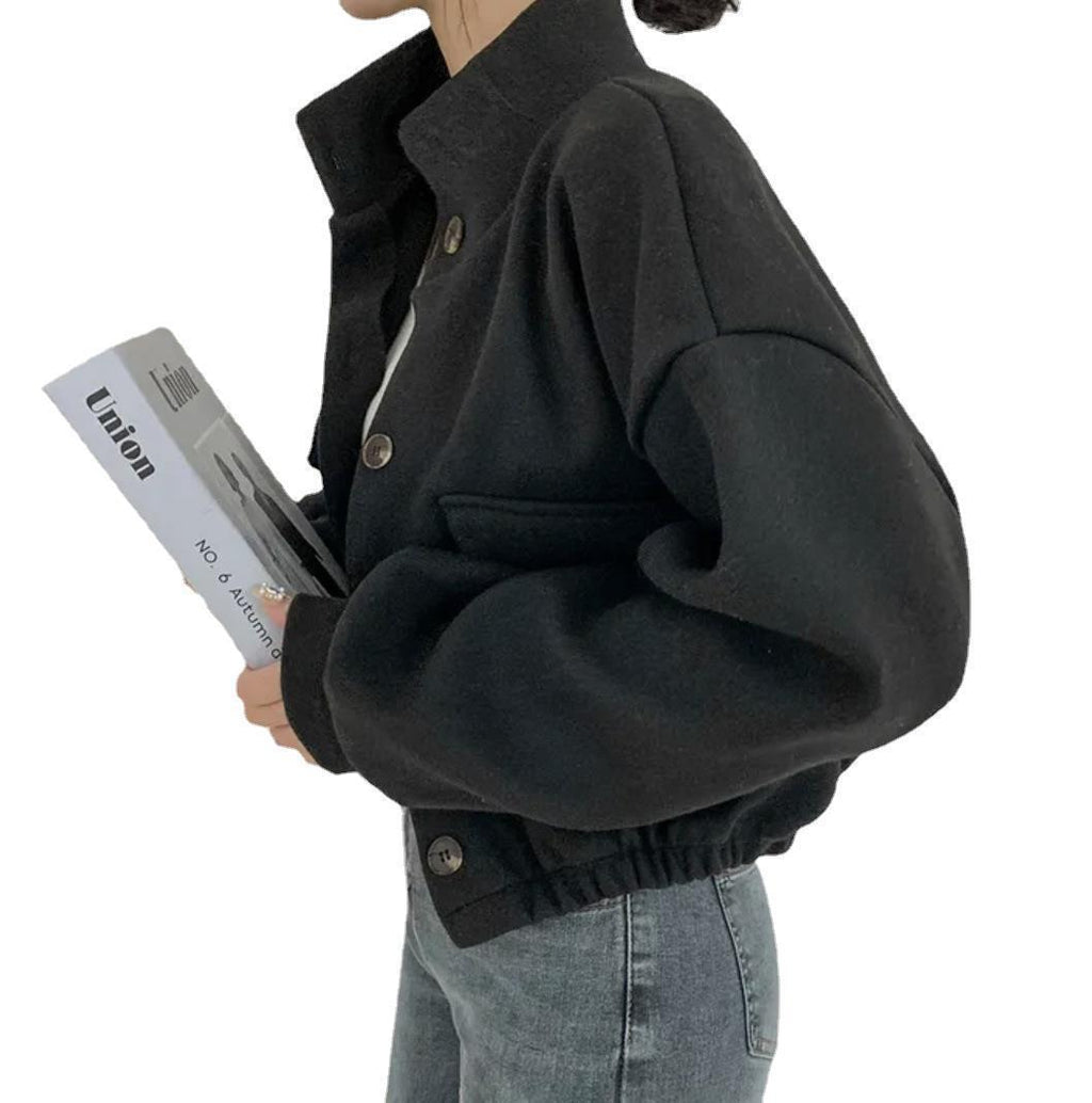 Cropped Stand Collar Jacket With Flap Pockets - Black