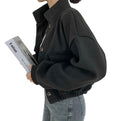 Cropped Stand Collar Jacket With Flap Pockets - Black