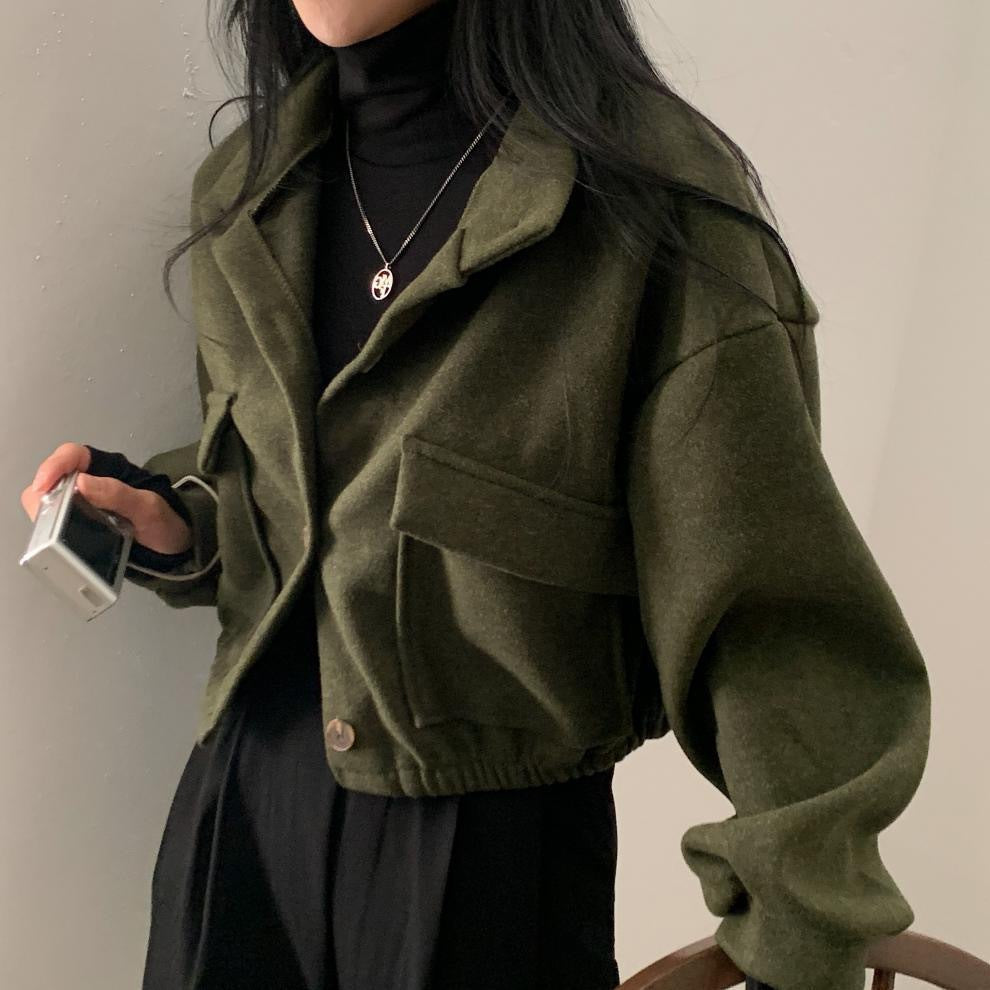 Cropped Stand Collar Jacket With Flap Pockets - Green - 1