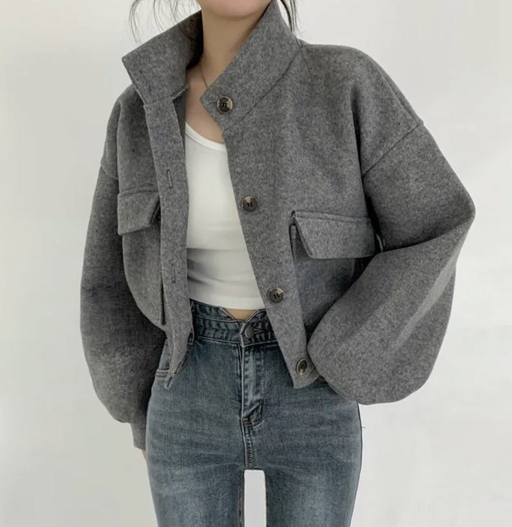 Cropped Stand Collar Jacket With Flap Pockets - Grey