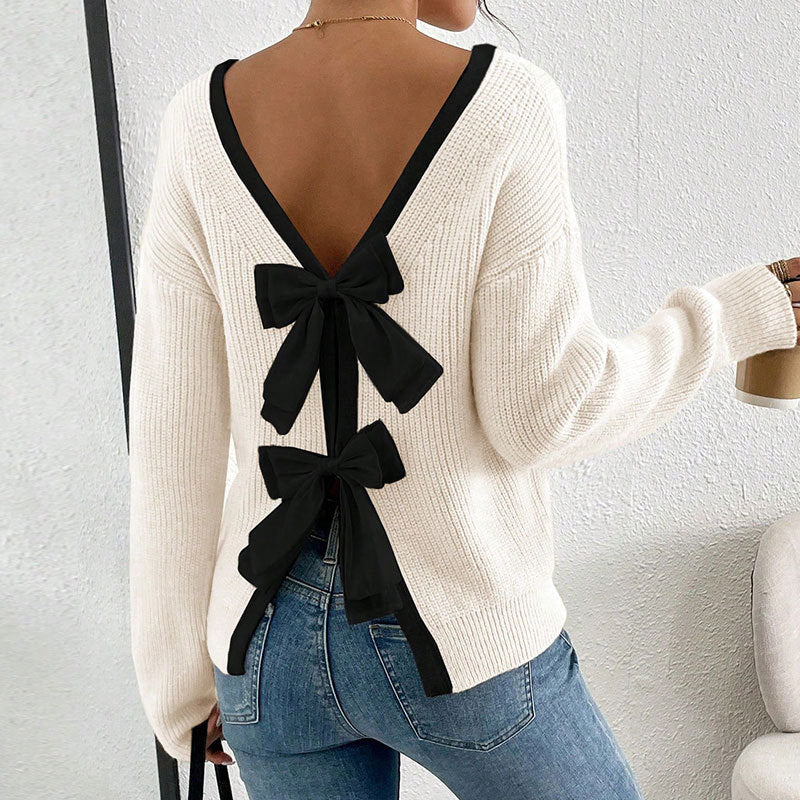 Contrast Double Bow Back Knit Sweater - OffWhite