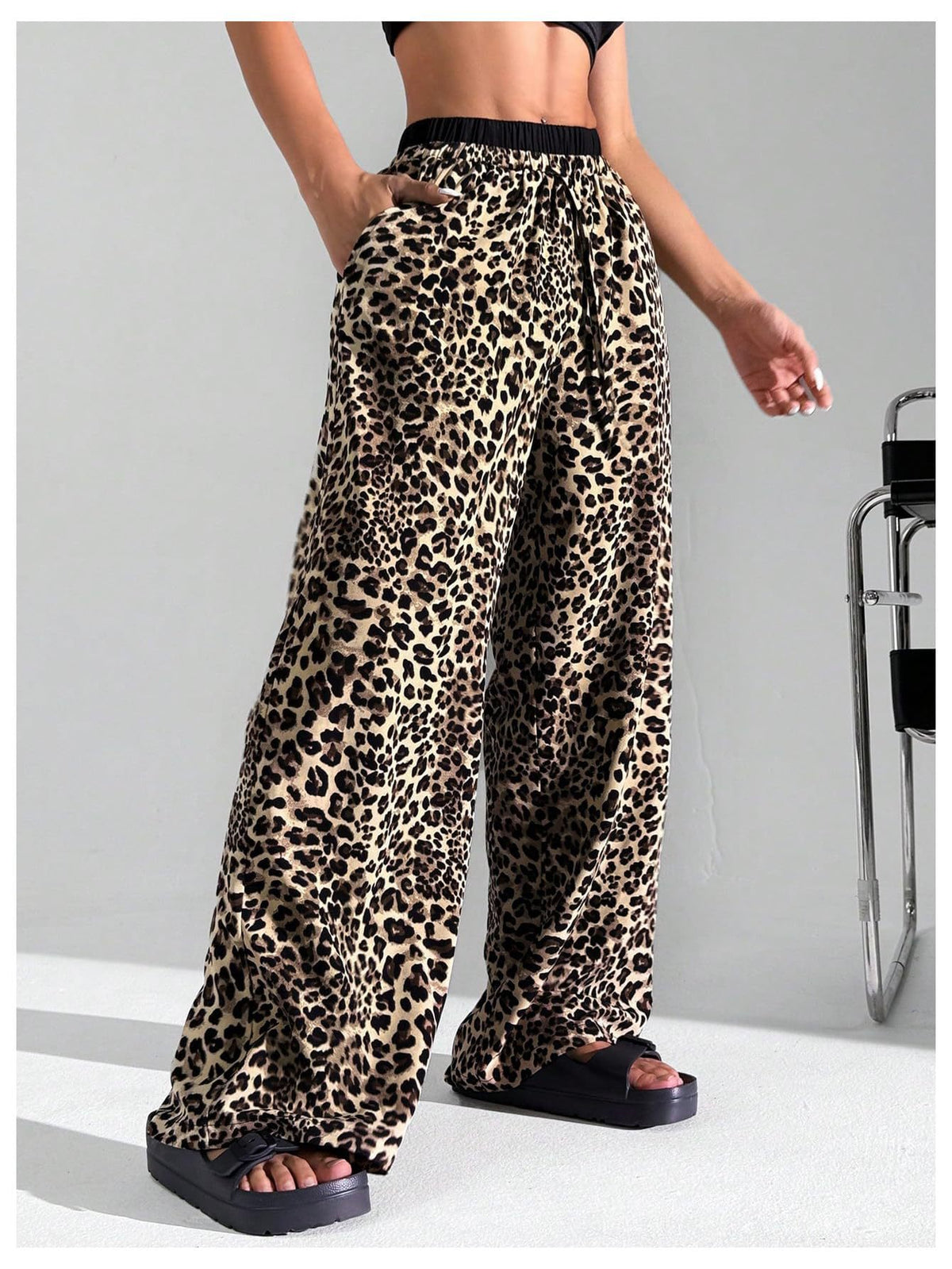 Animal Print Elastic Waist Wide Leg Trousers - Coffee