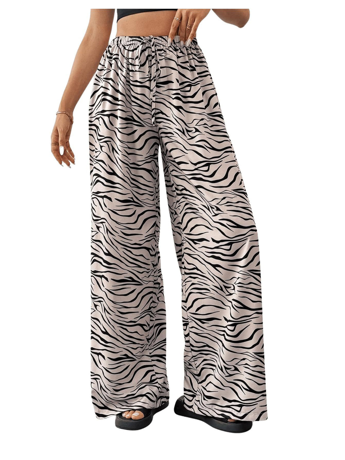 Animal Print Elastic Waist Wide Leg Trousers - Zebra