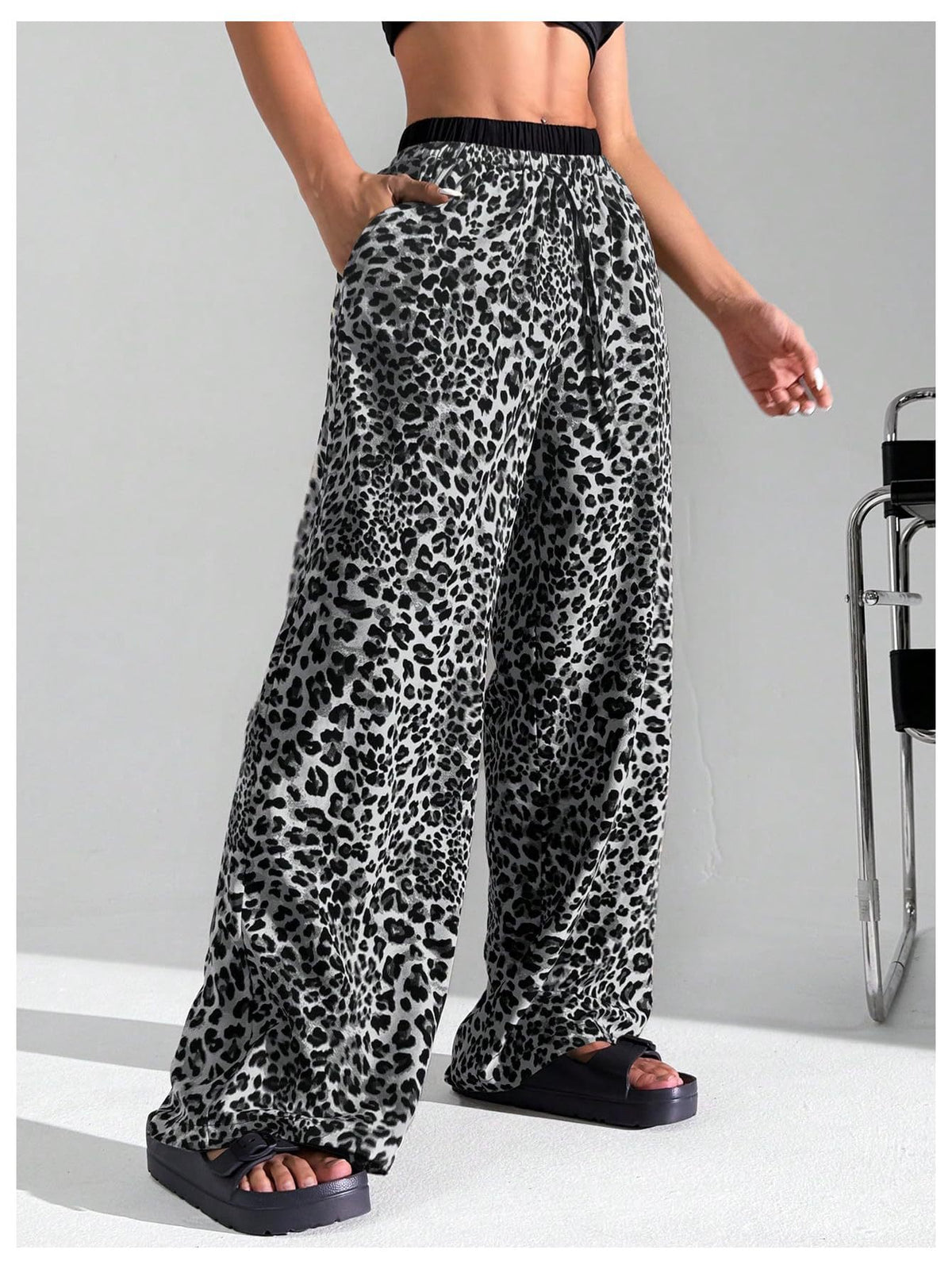 Animal Print Elastic Waist Wide Leg Trousers - black