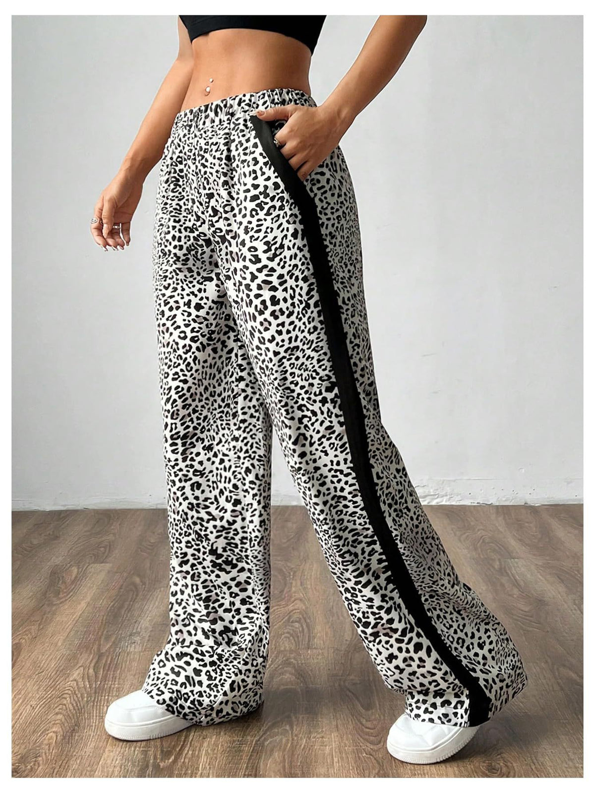 Animal Print Elastic Waist Wide Leg Trousers - white