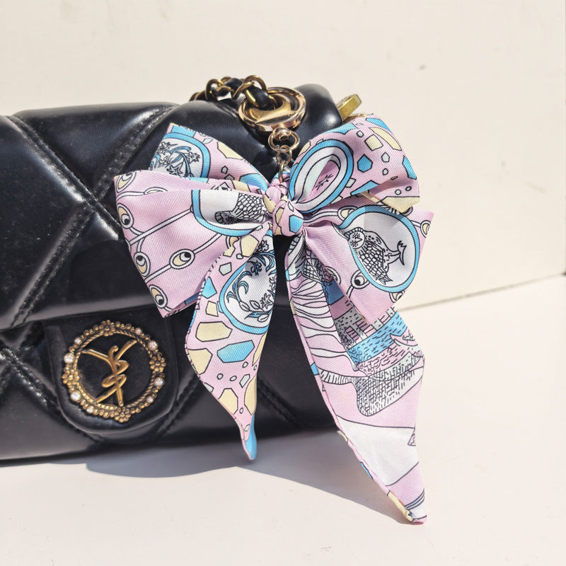 Illustrated Print Satin Twilly Bow Keychain Charm - C1