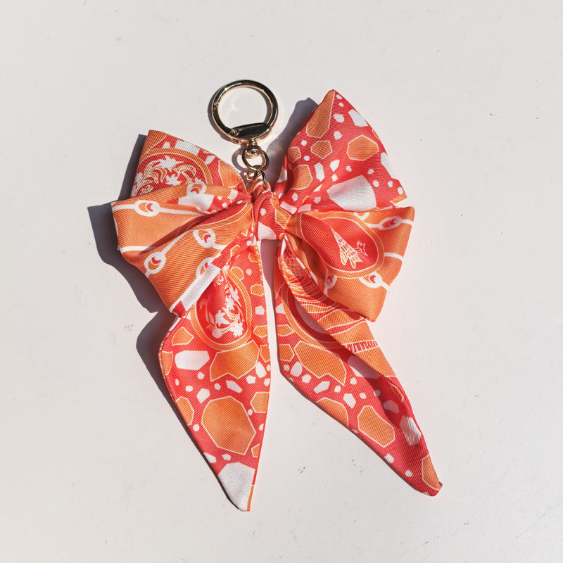 Illustrated Print Satin Twilly Bow Keychain Charm - C2