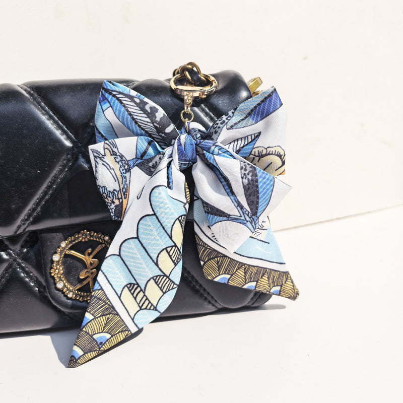 Illustrated Print Satin Twilly Bow Keychain Charm - C4