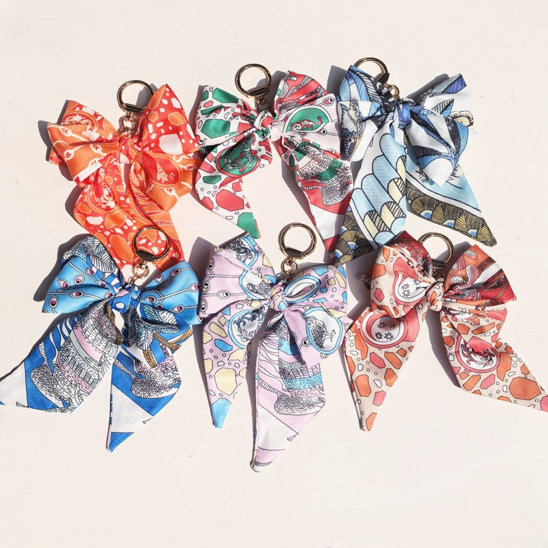 Illustrated Print Satin Twilly Bow Keychain Charm