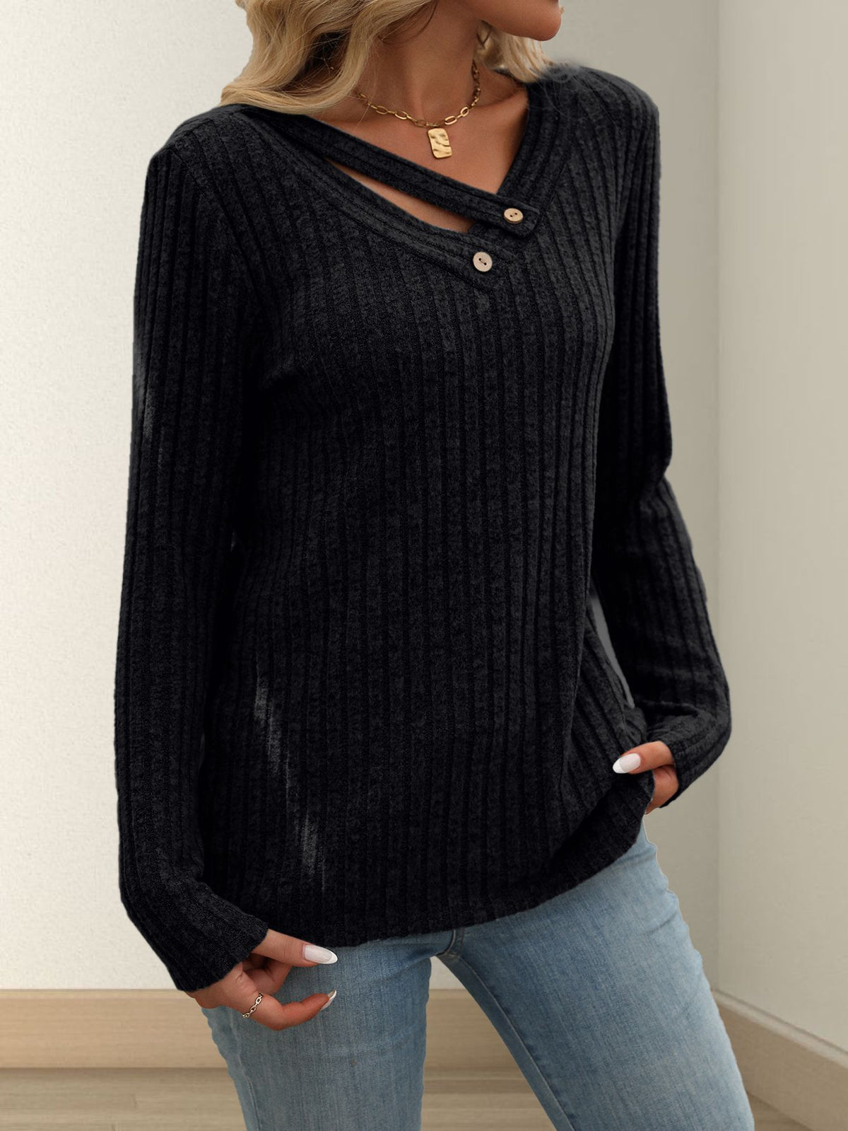 Ribbed Button Trim V Neck Long Sleeve Top - Black