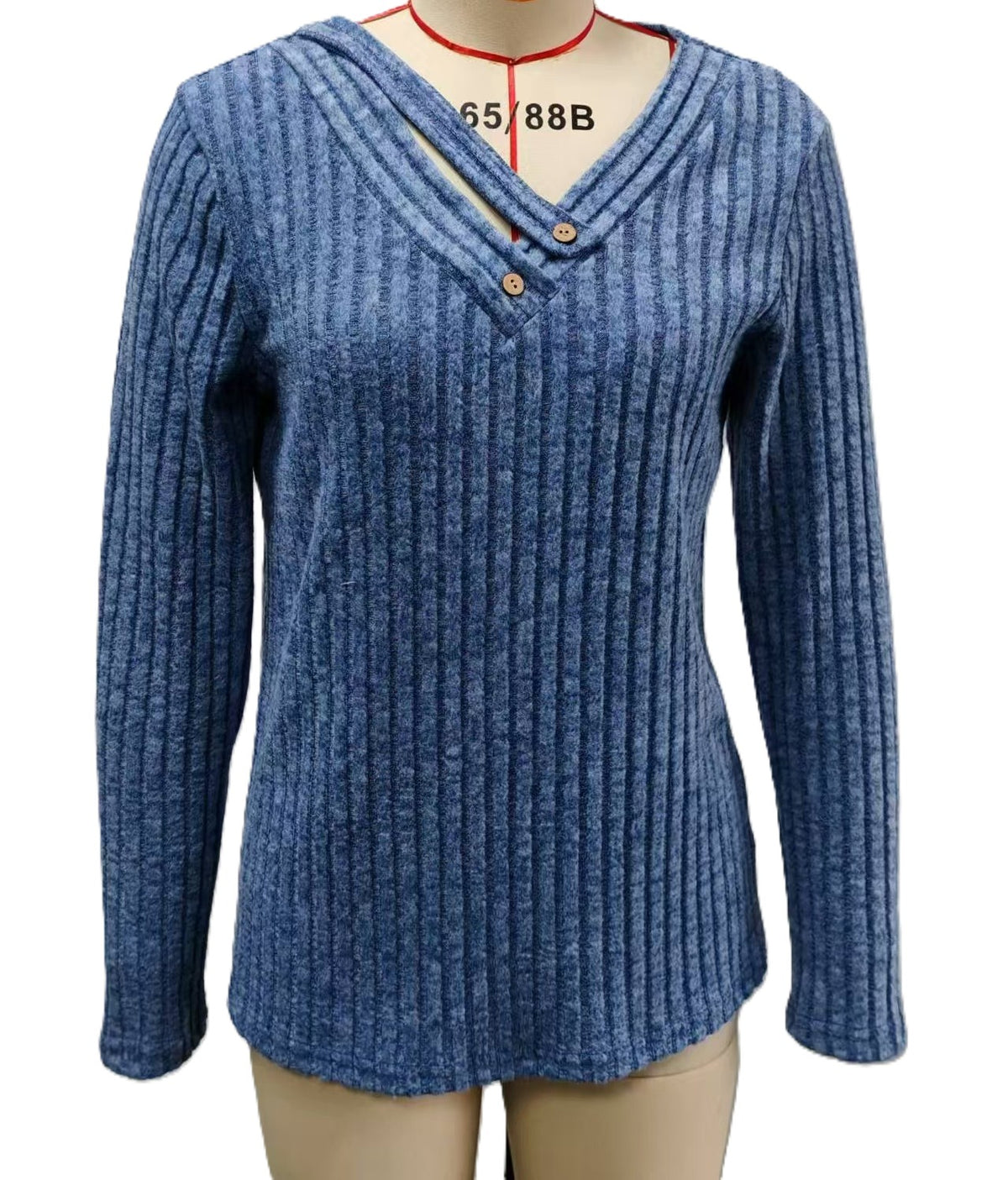 Ribbed Button Trim V Neck Long Sleeve Top - Blue