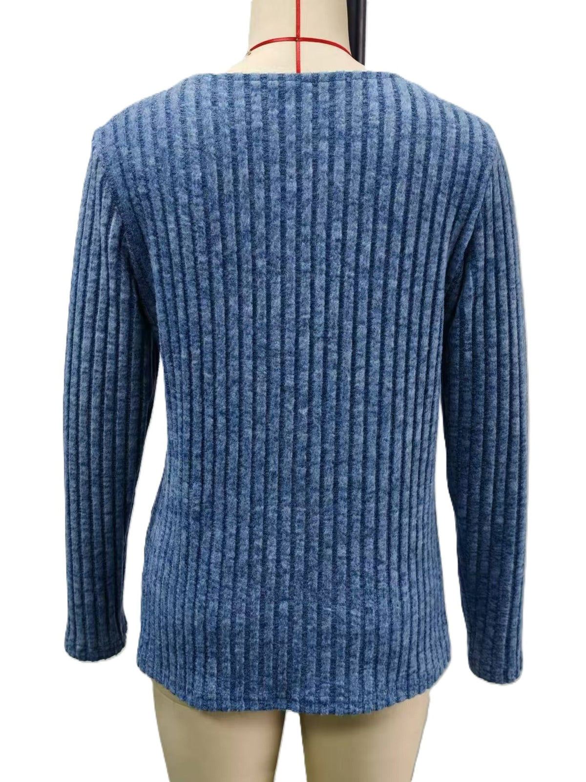 Ribbed Button Trim V Neck Long Sleeve Top - Blue - 1