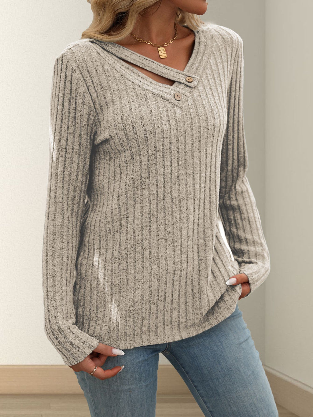 Ribbed Button Trim V Neck Long Sleeve Top - Coffee