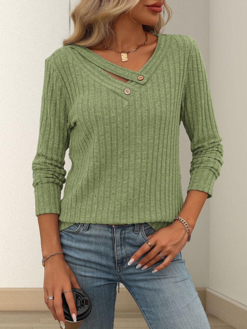 Ribbed Button Trim V Neck Long Sleeve Top - Green