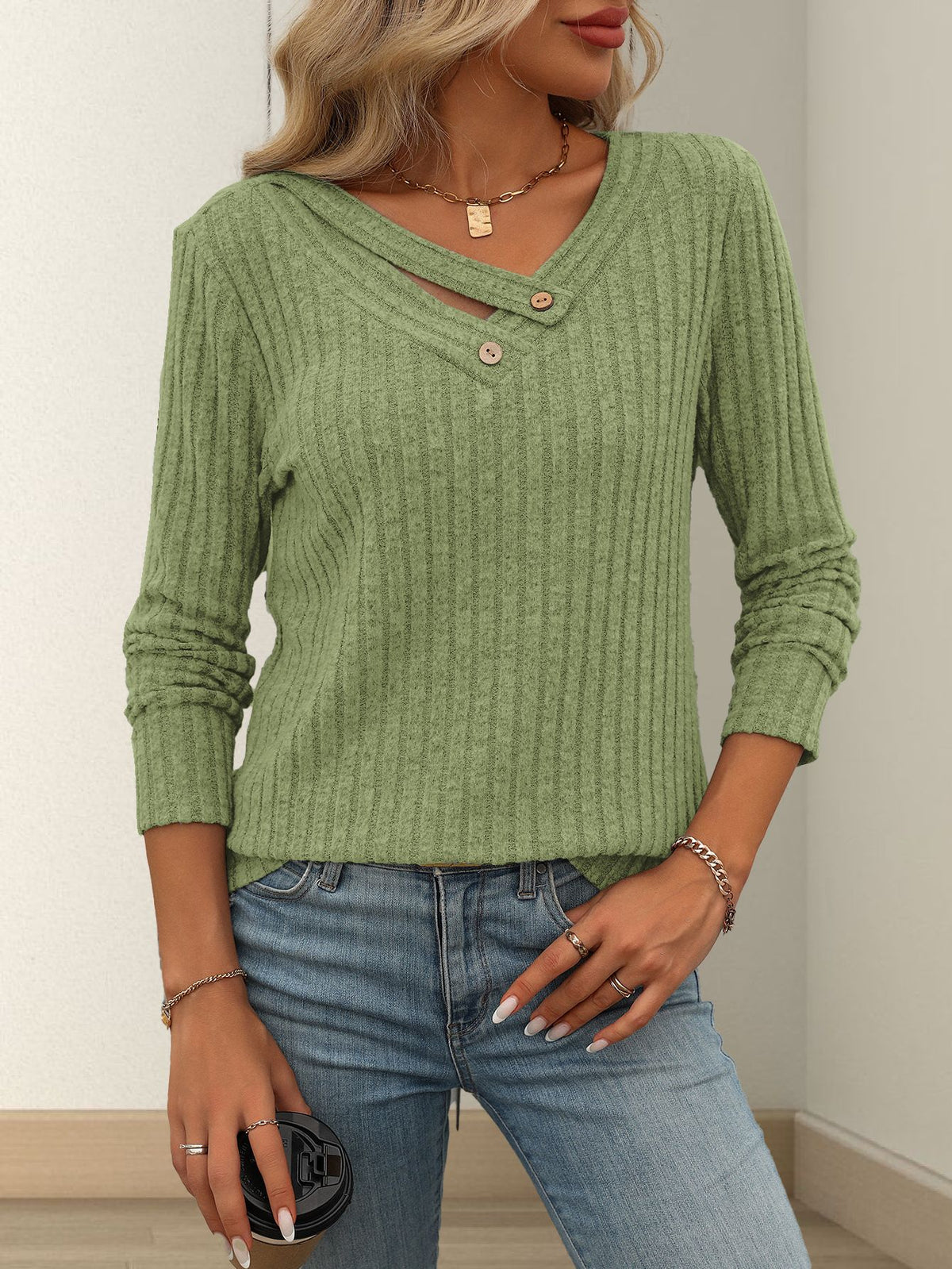 Ribbed Button Trim V Neck Long Sleeve Top - Green
