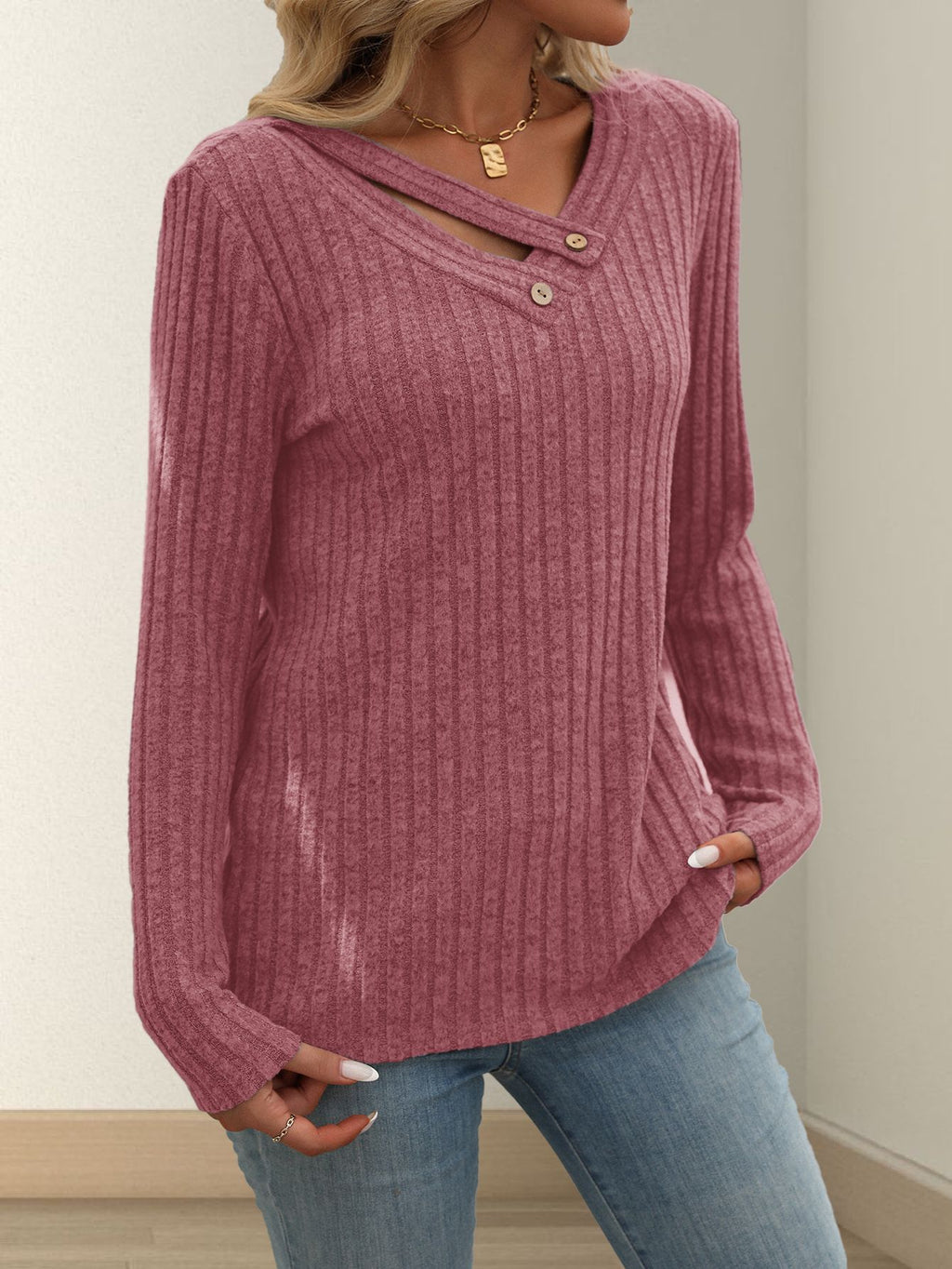 Ribbed Button Trim V Neck Long Sleeve Top - Red