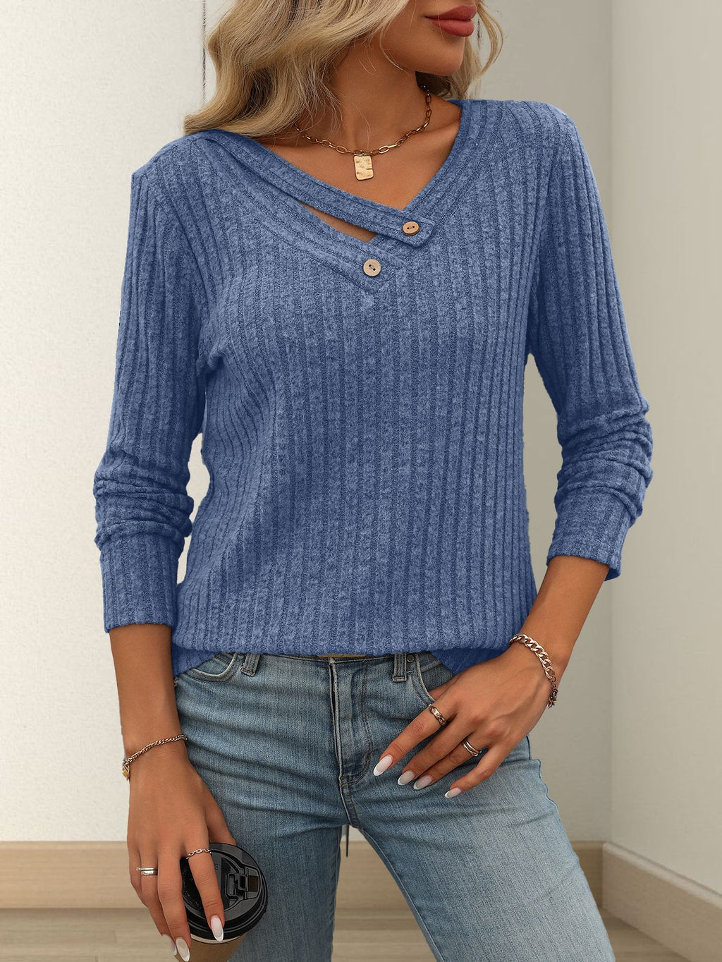 Ribbed Button Trim V Neck Long Sleeve Top