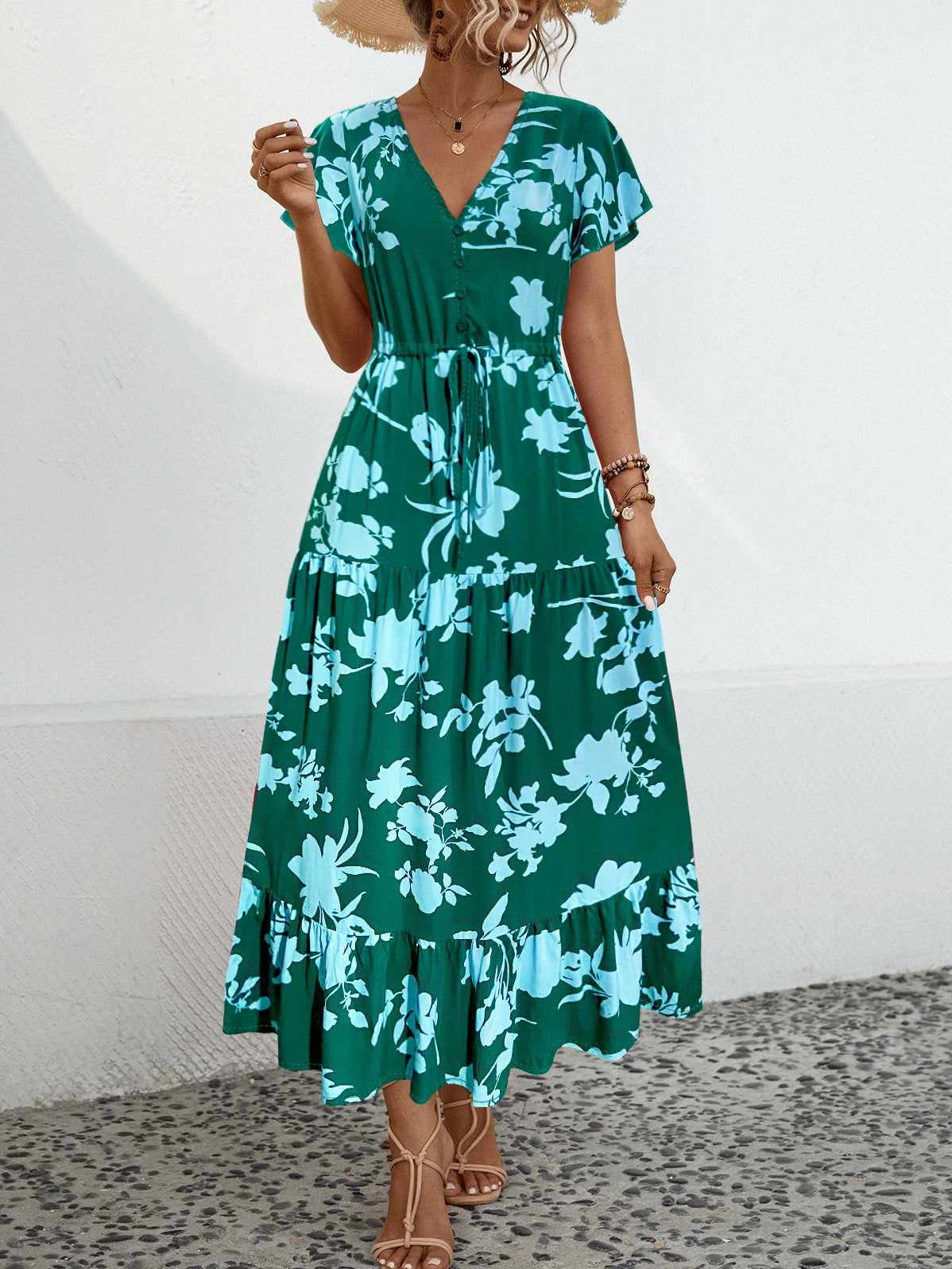 Bold Floral Tiered Ruffle Maxi Dress - Dark green