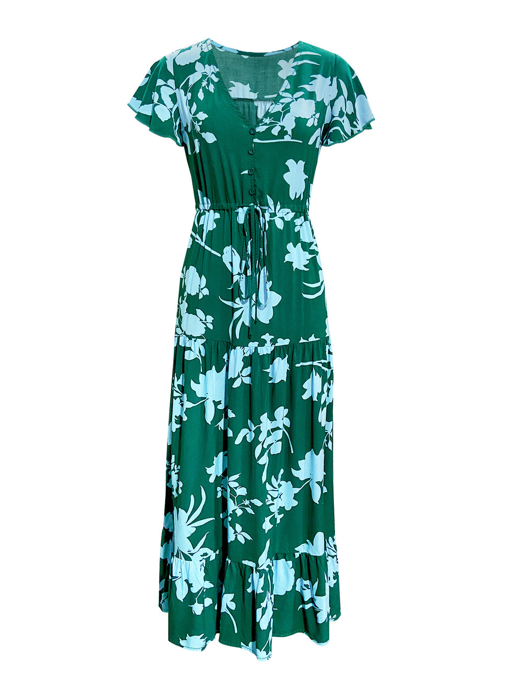 Bold Floral Tiered Ruffle Maxi Dress - Dark green - 2