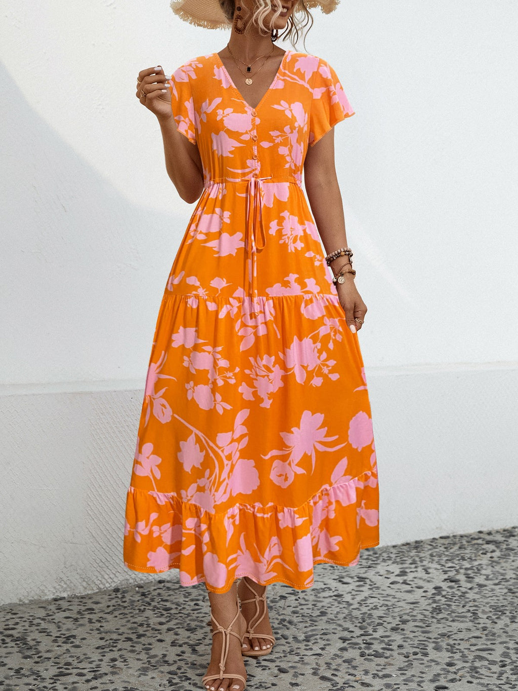 Bold Floral Tiered Ruffle Maxi Dress - Orange