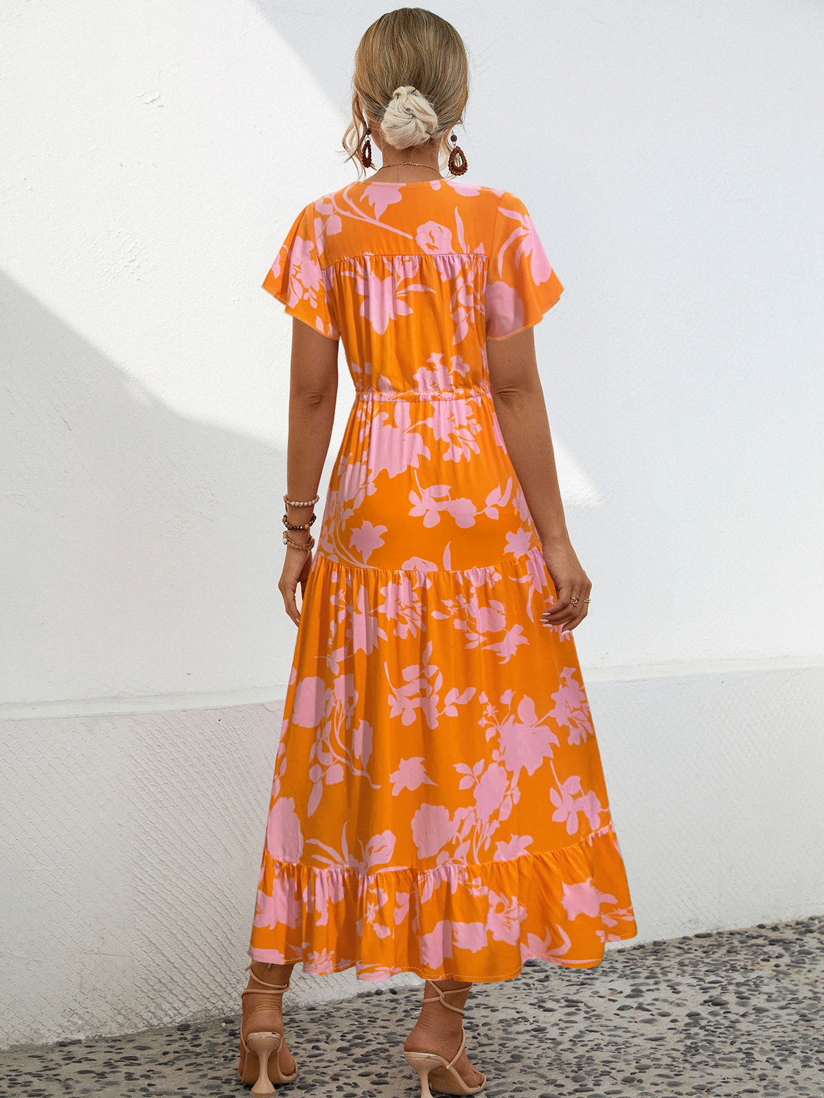 Bold Floral Tiered Ruffle Maxi Dress - Orange - 1
