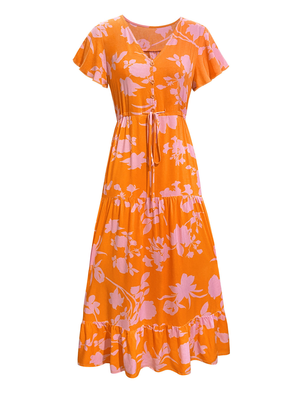 Bold Floral Tiered Ruffle Maxi Dress - Orange - 3