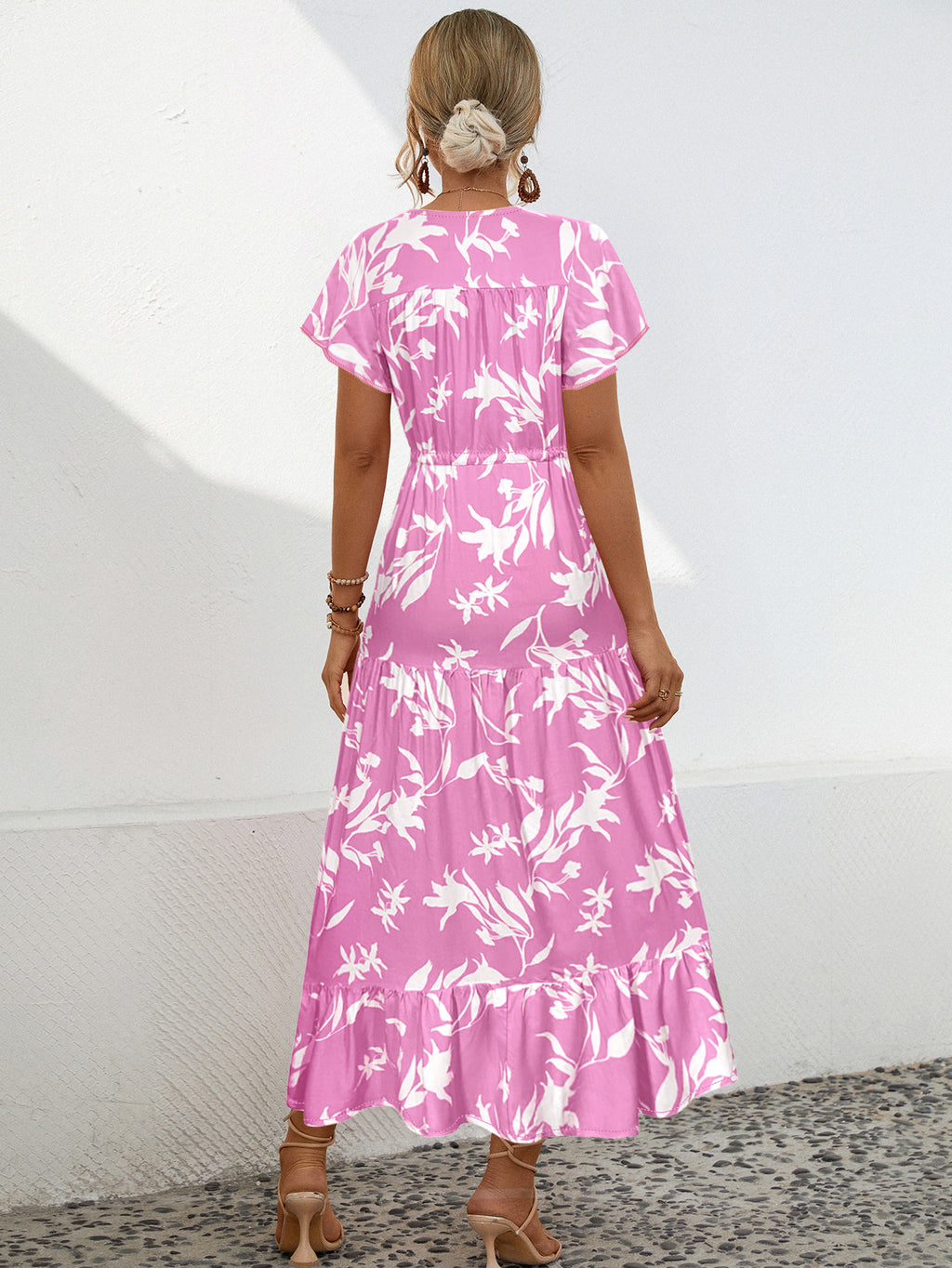 Bold Floral Tiered Ruffle Maxi Dress - Pink - 1