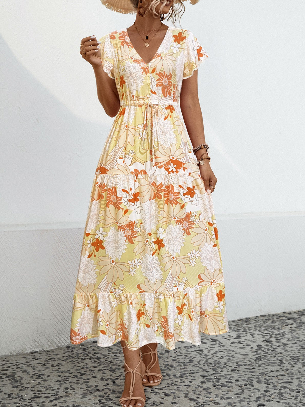 Bold Floral Tiered Ruffle Maxi Dress - Yellow