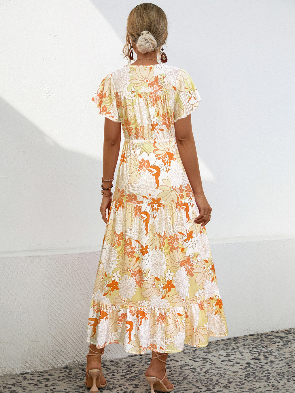 Bold Floral Tiered Ruffle Maxi Dress - Yellow - 1