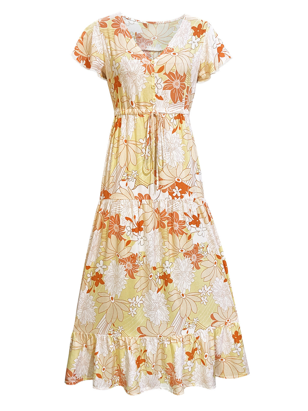 Bold Floral Tiered Ruffle Maxi Dress - Yellow - 2