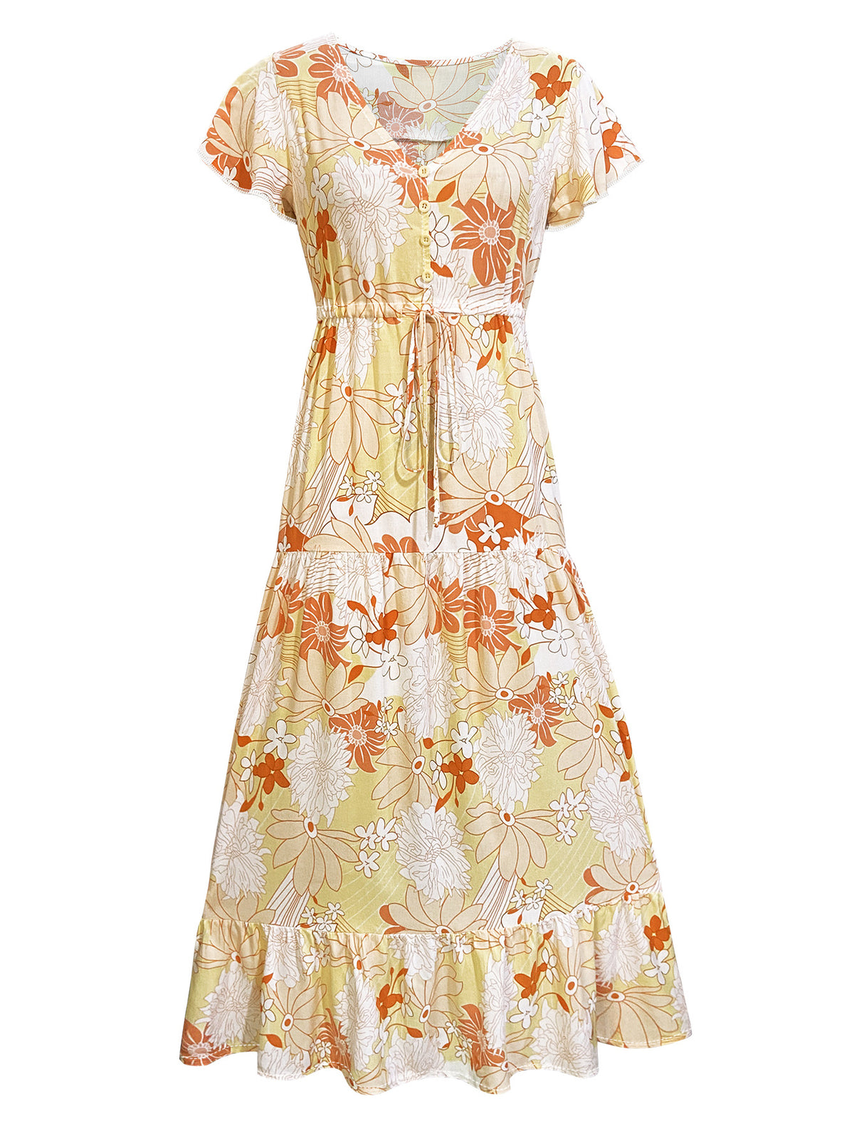 Bold Floral Tiered Ruffle Maxi Dress - Yellow - 2