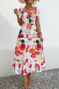 Bold Floral Tiered Ruffle Maxi Dress - white-red