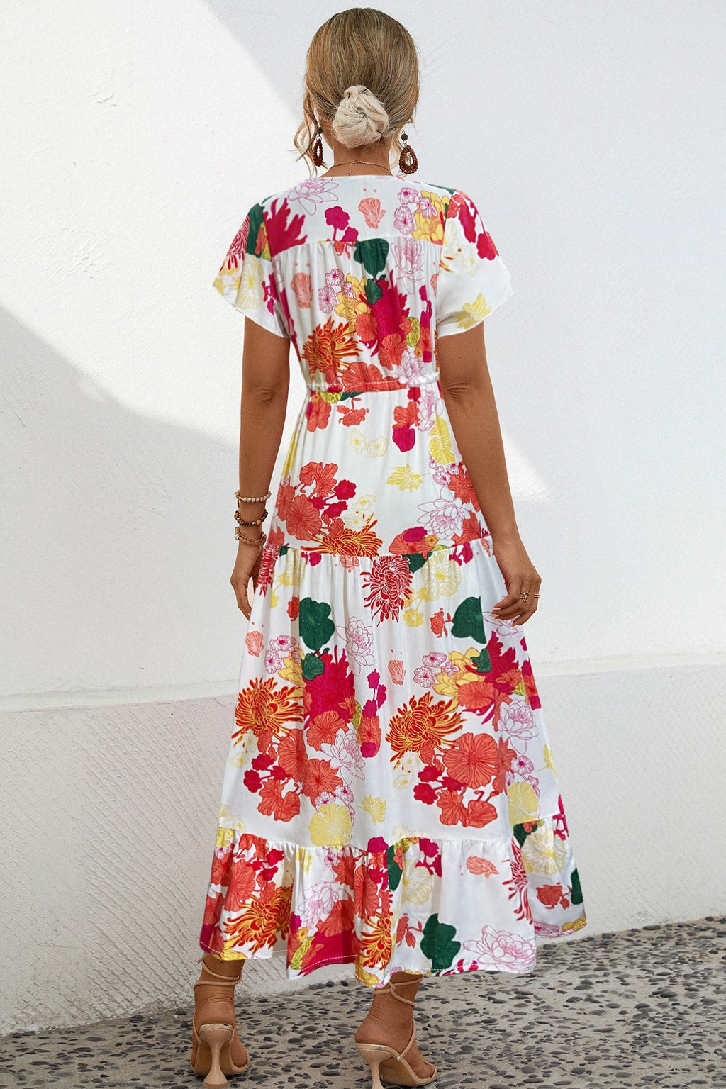 Bold Floral Tiered Ruffle Maxi Dress - white-red - 1