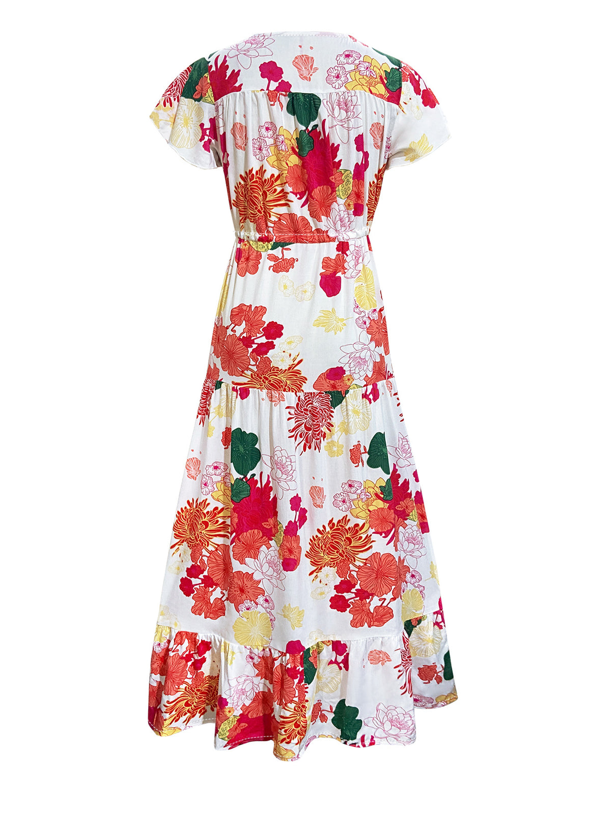 Bold Floral Tiered Ruffle Maxi Dress - white-red - 2