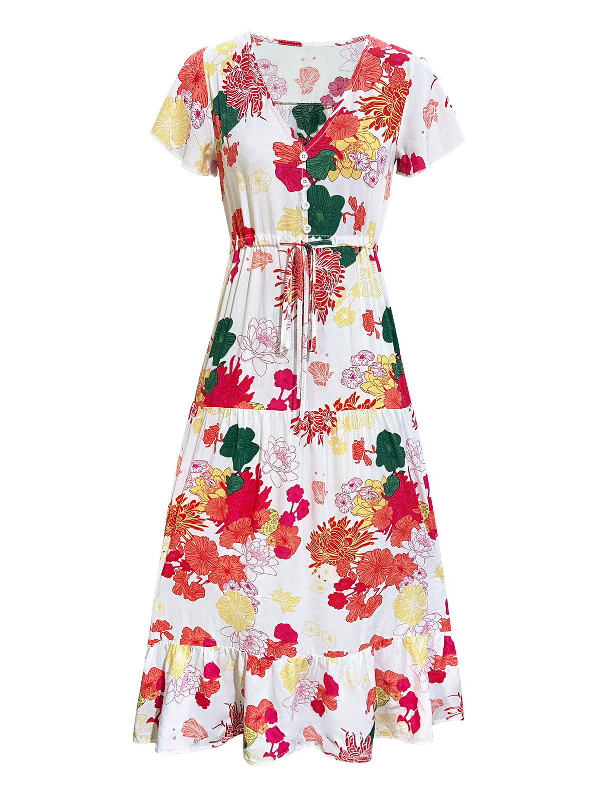 Bold Floral Tiered Ruffle Maxi Dress - white-red - 3