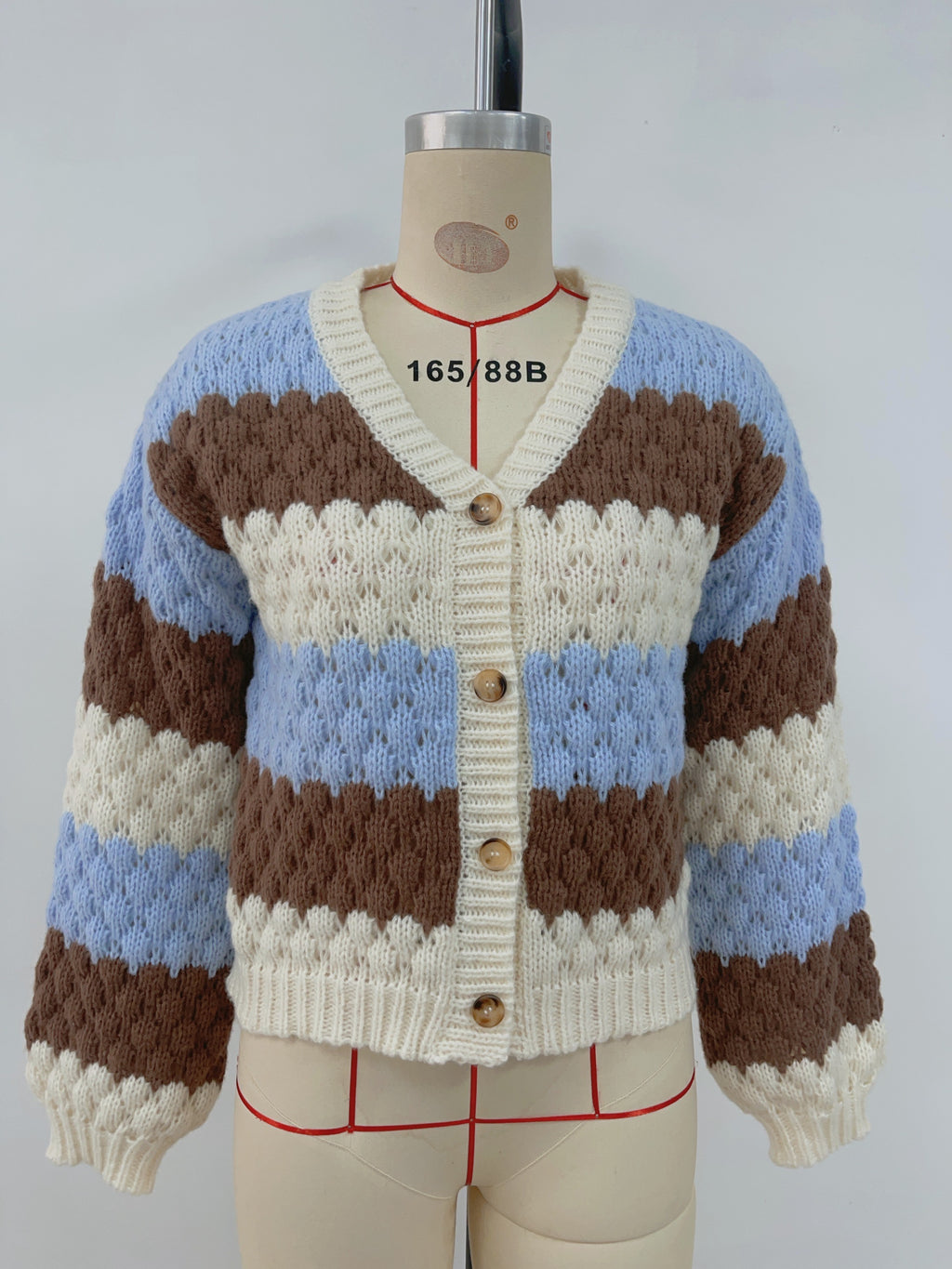 Bubble Stitch Striped V Neck Cardigan - Blue