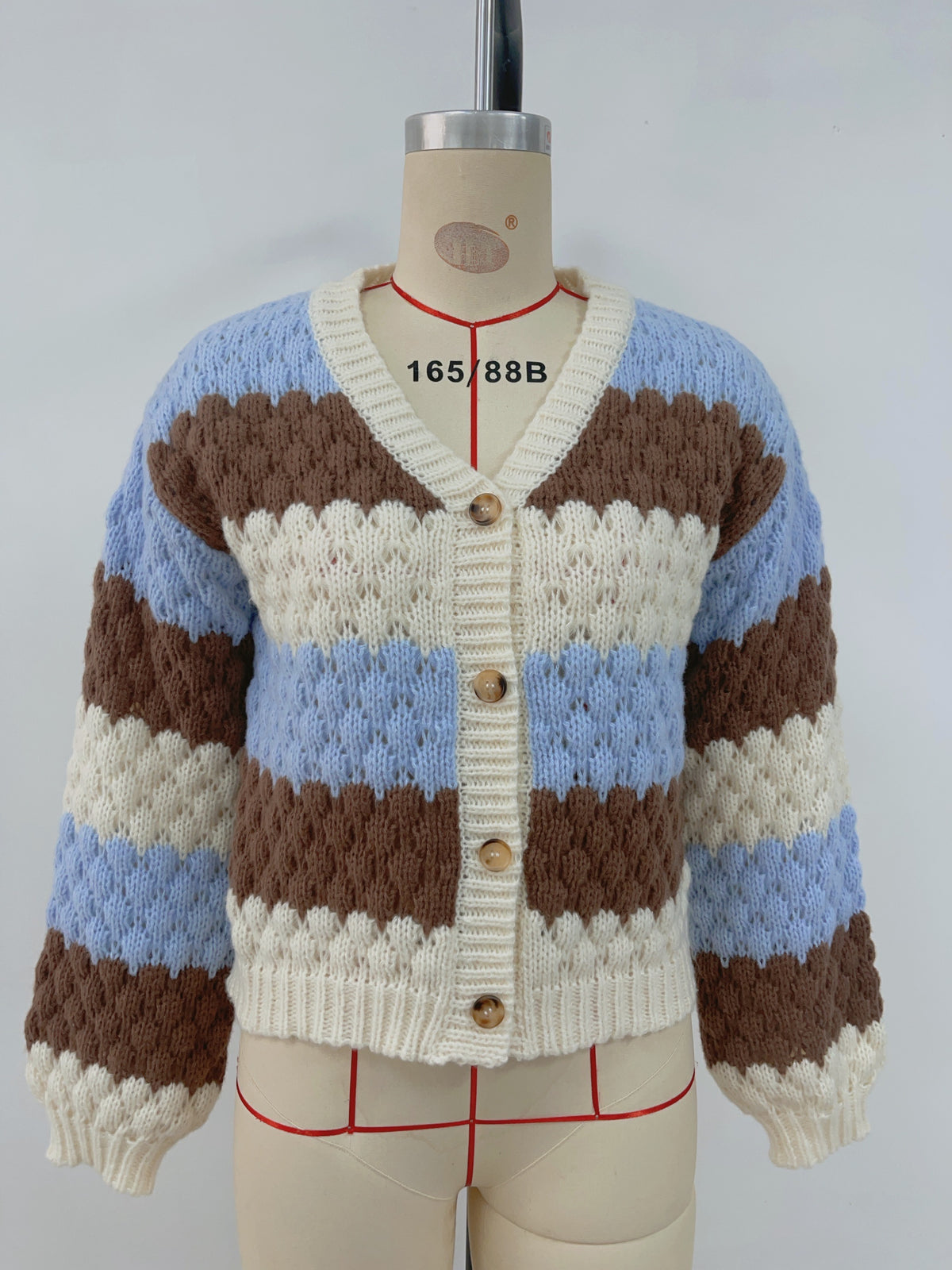 Bubble Stitch Striped V Neck Cardigan - Blue