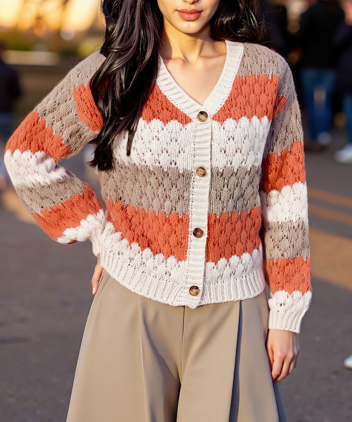 Bubble Stitch Striped V Neck Cardigan - Khaki - 1