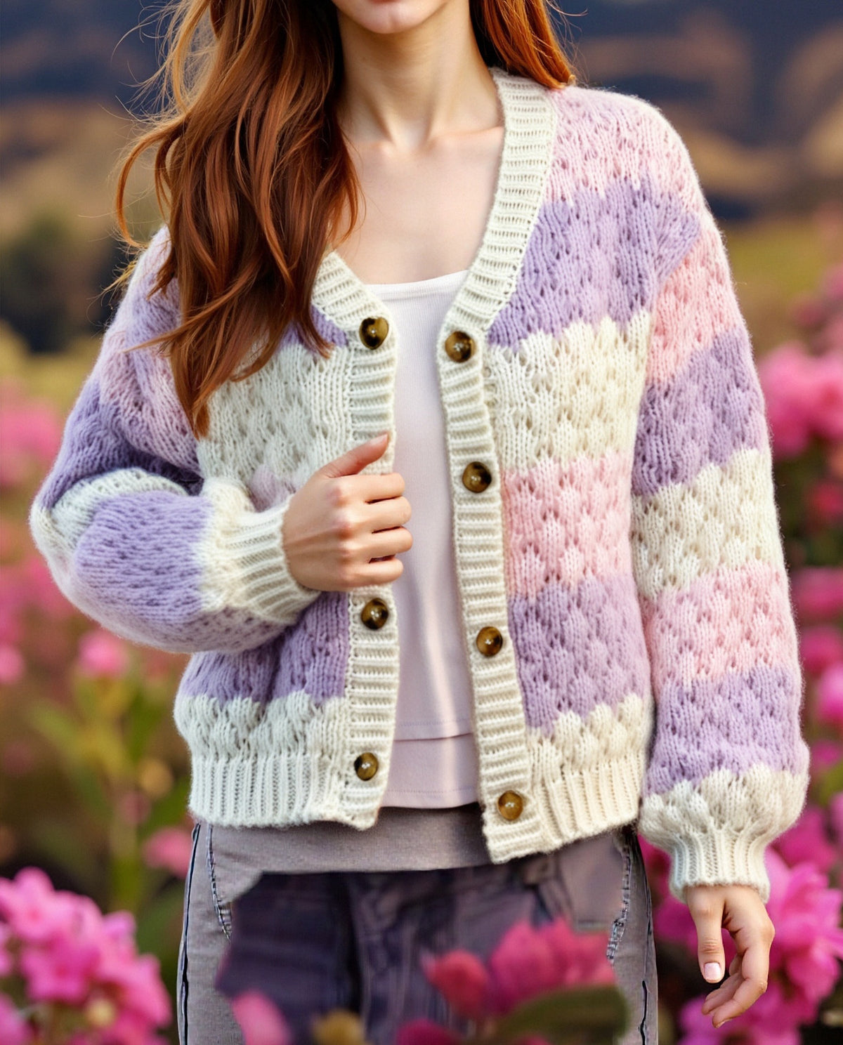 Bubble Stitch Striped V Neck Cardigan - Pink