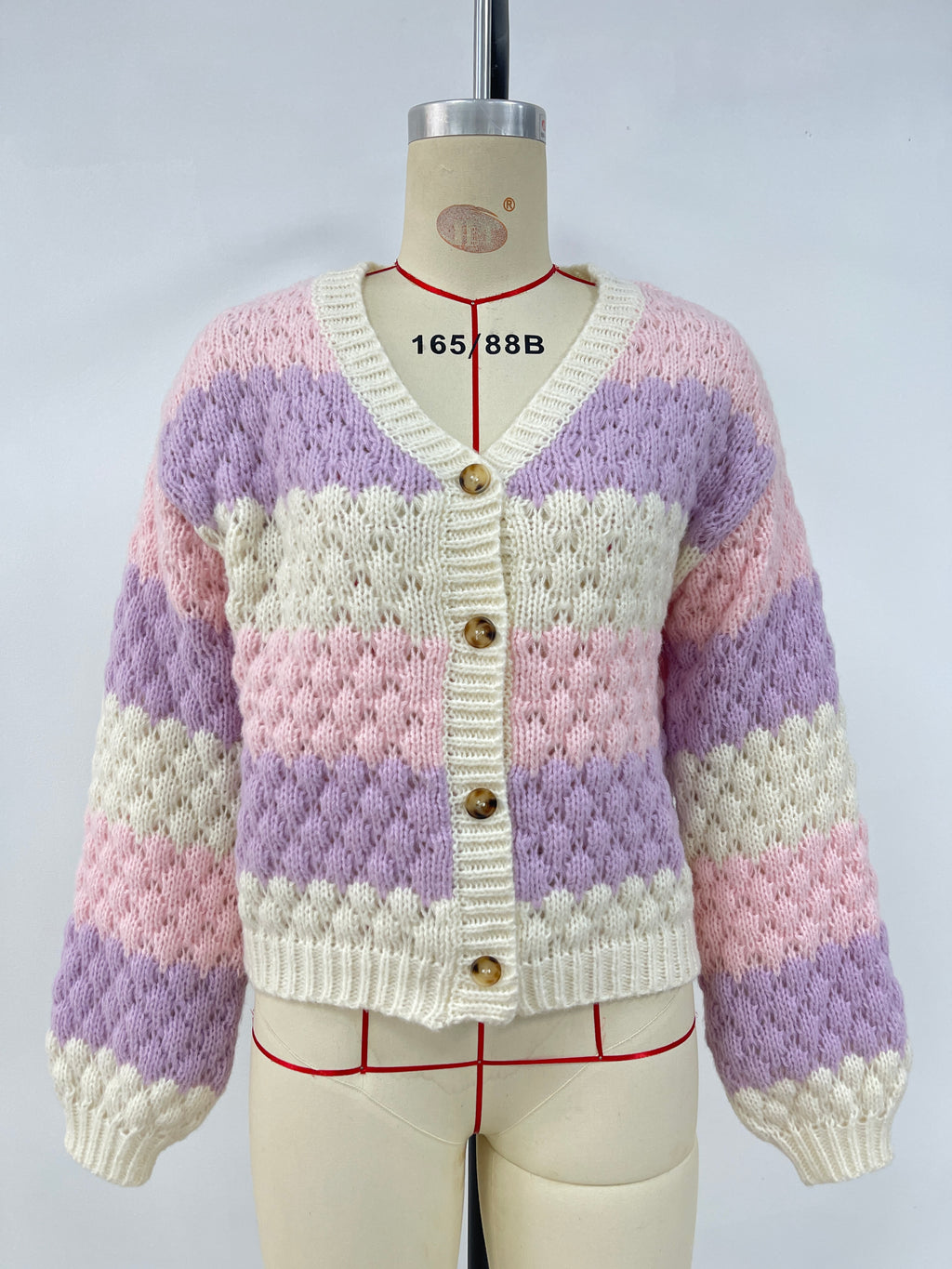 Bubble Stitch Striped V Neck Cardigan - Pink - 1